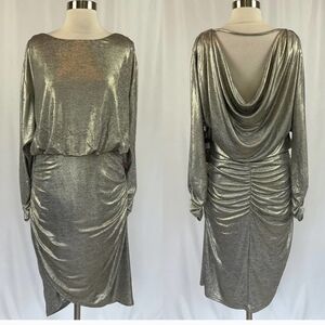 Vince Camuto Women's Cocktail Dress Size 14 Gold Metallic Long Sleeve Sheath